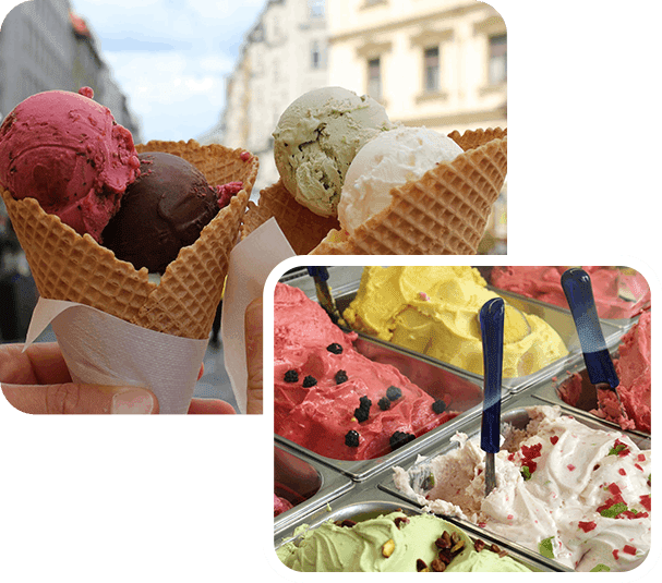 A close up of ice cream in baskets and an image of different flavors.